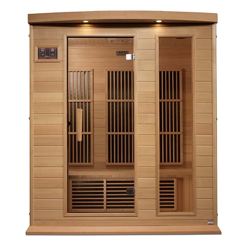 Maxxus MX-K306-01 Far Infrared Sauna with a wooden exterior and glass door, showcasing the interior design and heating elements.