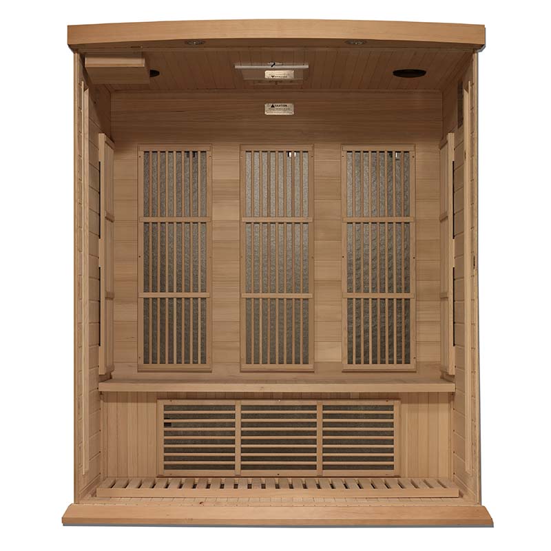 Interior view of the Maxxus MX-K306-01 Far Infrared Sauna, showcasing wooden paneling and seating.