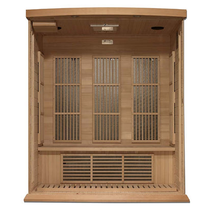 Interior view of the Maxxus MX-K306-01 Far Infrared Sauna, showcasing wooden paneling and seating.