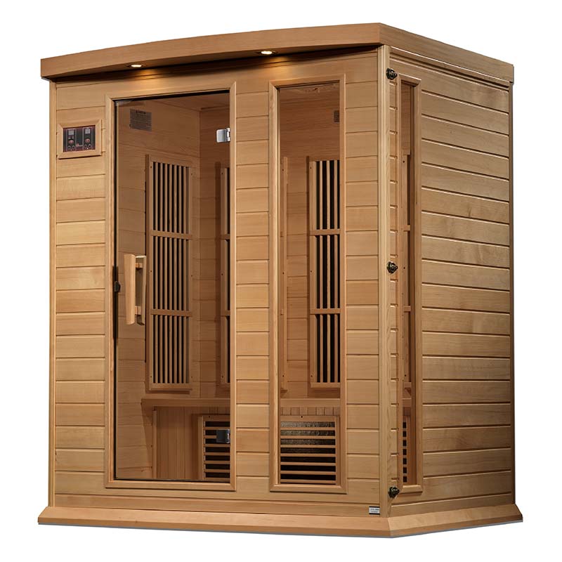 Maxxus MX-K306-01 Far Infrared Sauna with a wooden exterior and glass doors, showcasing its interior design.