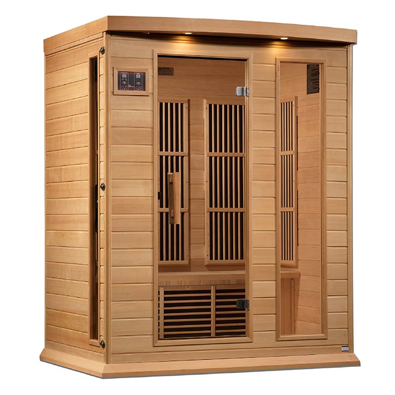 Maxxus MX-K306-01 Far Infrared Sauna with wooden exterior and glass door, showcasing the interior design and seating arrangement.