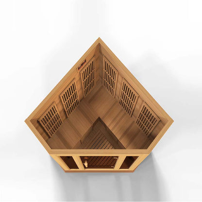 Top view of the Maxxus MX-K356-01 Far Infrared Corner Sauna, showcasing its wooden interior and triangular design.
