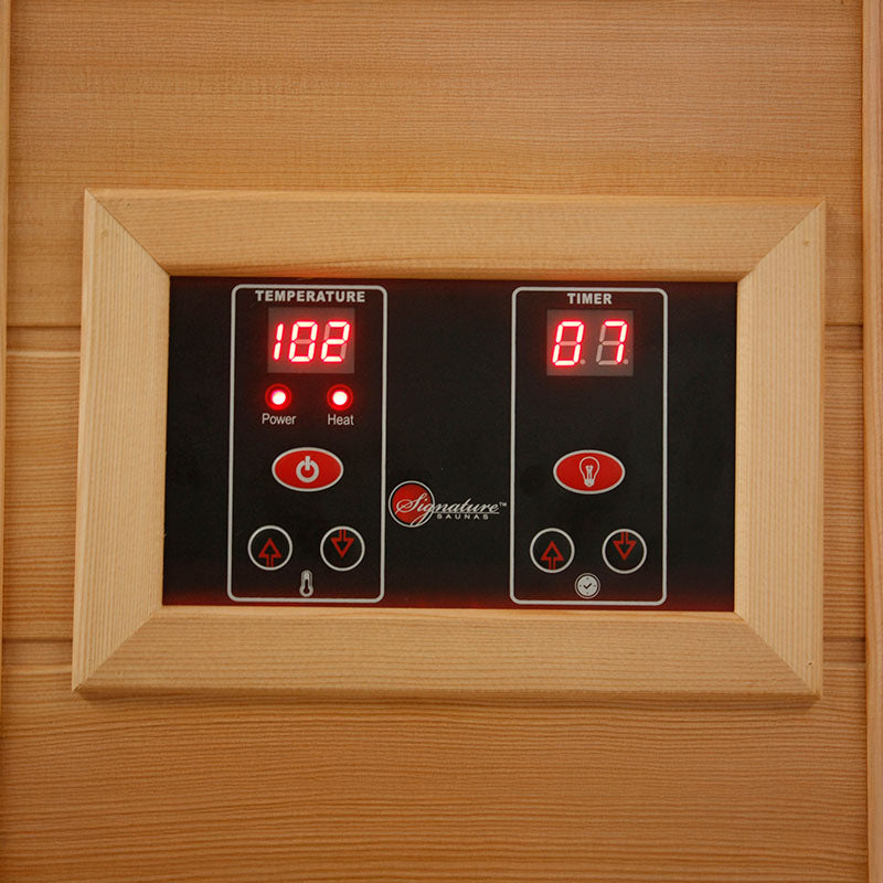 Control panel displaying temperature and timer settings for the Maxxus MX-K356-01 Far Infrared Corner Sauna.