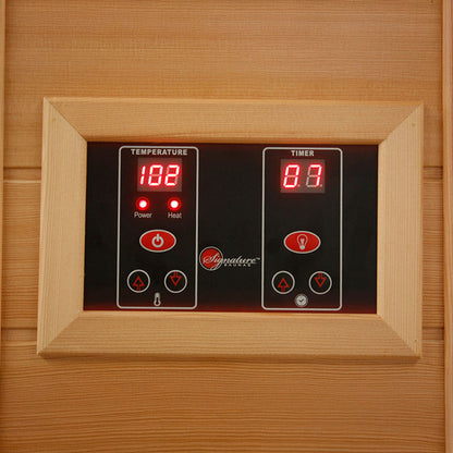 Control panel displaying temperature and timer settings for the Maxxus MX-K356-01 Far Infrared Corner Sauna.