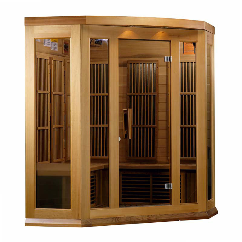 Maxxus MX-K356-01 Far Infrared Corner Sauna featuring a wooden exterior and large glass panels for an inviting design.