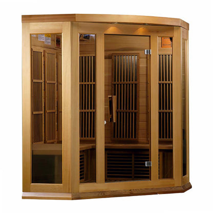 Maxxus MX-K356-01 Far Infrared Corner Sauna featuring a wooden exterior and large glass panels for an inviting design.