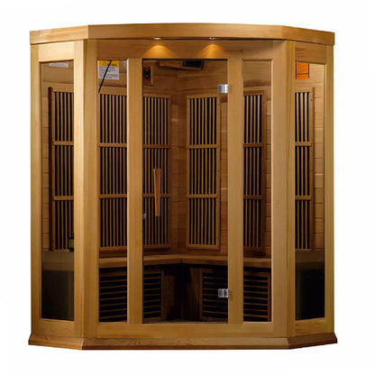Maxxus MX-K356-01 Far Infrared Corner Sauna featuring a wooden structure with glass doors and slatted interior design.