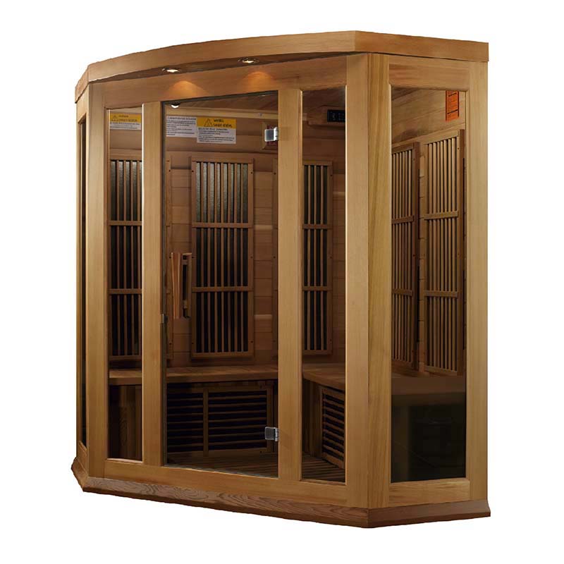 Maxxus MX-K356-01 Far Infrared Corner Sauna with wooden frame and glass doors, showcasing a spacious interior design.