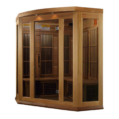 Maxxus MX-K356-01 Far Infrared Corner Sauna with wooden frame and glass doors, showcasing a spacious interior design.