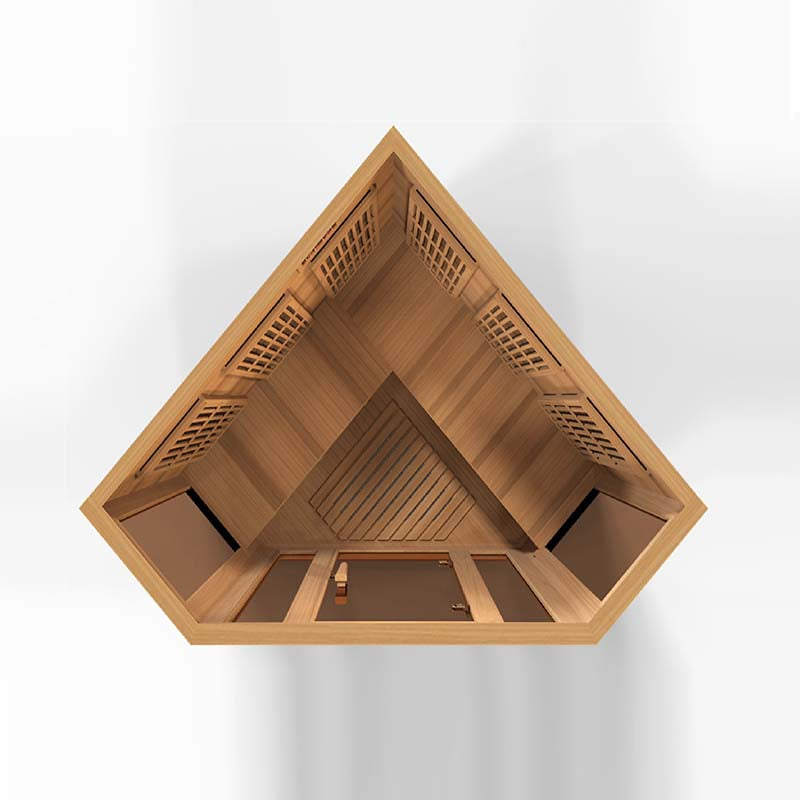 An overhead view of the Maxxus MX-K356-01 Far Infrared Corner Sauna, showcasing its wooden interior design and triangular shape.