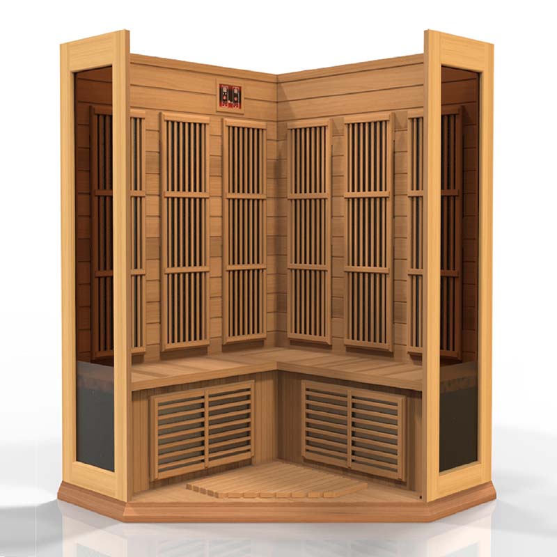 Maxxus MX-K356-01 Far Infrared Corner Sauna, showcasing a wooden interior with slatted panels and seating areas designed for relaxation and wellness.