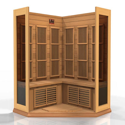 Maxxus MX-K356-01 Far Infrared Corner Sauna, showcasing a wooden interior with slatted panels and seating areas designed for relaxation and wellness.