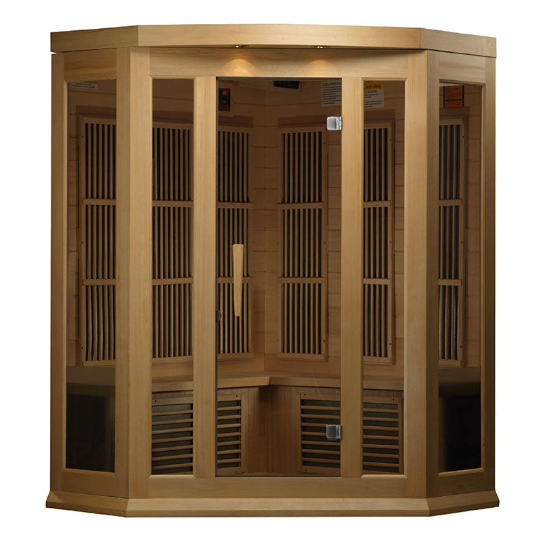 Maxxus MX-K356-01 Far Infrared Corner Sauna featuring a wooden design with glass panels and an interior seating area.