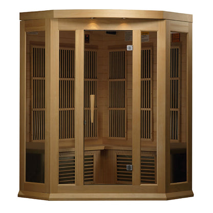 Maxxus MX-K356-01 Far Infrared Corner Sauna featuring a wooden design with glass panels and an interior seating area.