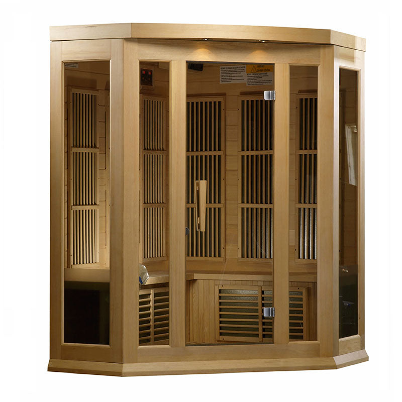 Maxxus MX-K356-01 Far Infrared Corner Sauna featuring a wooden structure with glass panels, designed for relaxation and wellness.