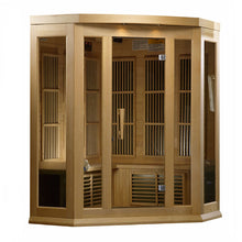 Maxxus MX-K356-01 Far Infrared Corner Sauna featuring a wooden structure with glass panels, designed for relaxation and wellness.