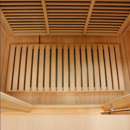 Interior view of the Maxxus MX-K356-01 Far Infrared Corner Sauna, showcasing wooden slats on the floor and ceiling.