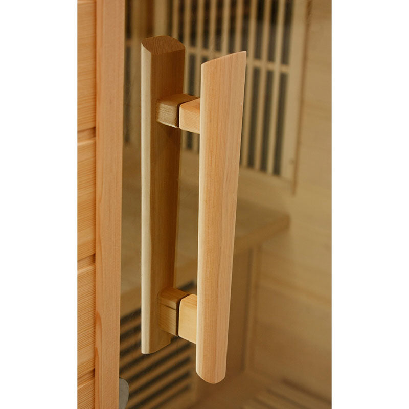 Close-up of the door handle of the Maxxus MX-K356-01 Far Infrared Corner Sauna, showcasing its wooden design and craftsmanship.