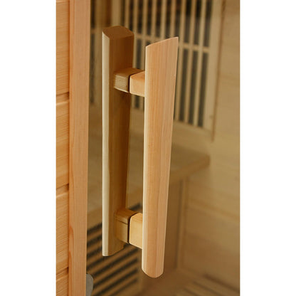 Close-up of the door handle of the Maxxus MX-K356-01 Far Infrared Corner Sauna, showcasing its wooden design and craftsmanship.