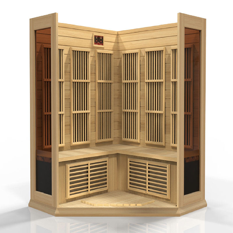 Maxxus MX-K356-01 Far Infrared Corner Sauna featuring wooden panels, a spacious interior, and ventilation slats.