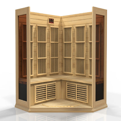 Maxxus MX-K356-01 Far Infrared Corner Sauna featuring wooden panels, a spacious interior, and ventilation slats.
