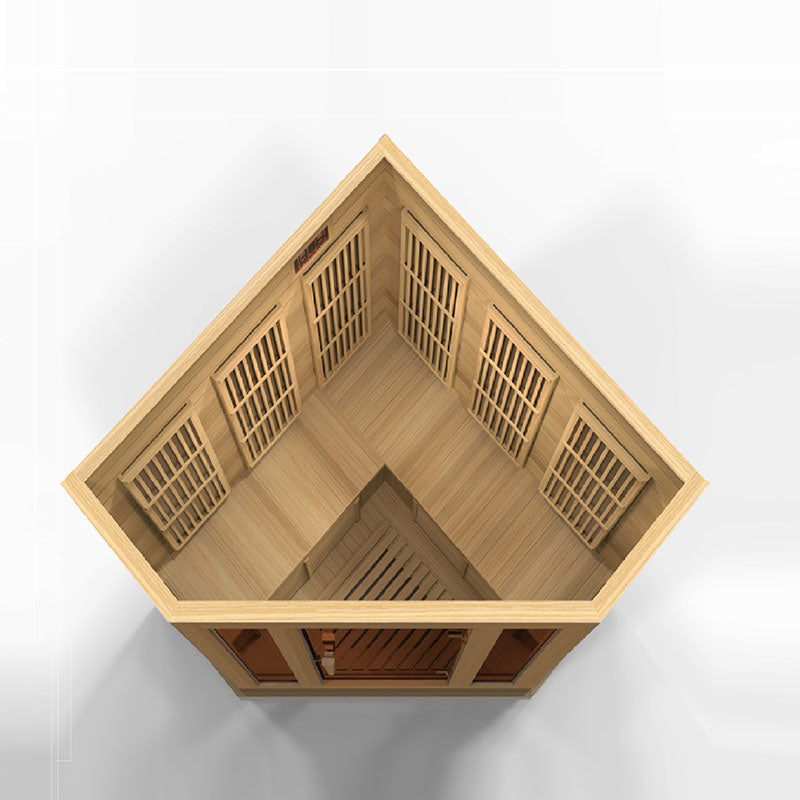 Top view of the Maxxus MX-K356-01 Far Infrared Corner Sauna, showcasing its wooden interior and seating layout.