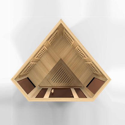 Top view of the Maxxus MX-K356-01 Far Infrared Corner Sauna, showcasing its triangular design and wooden interior structure.