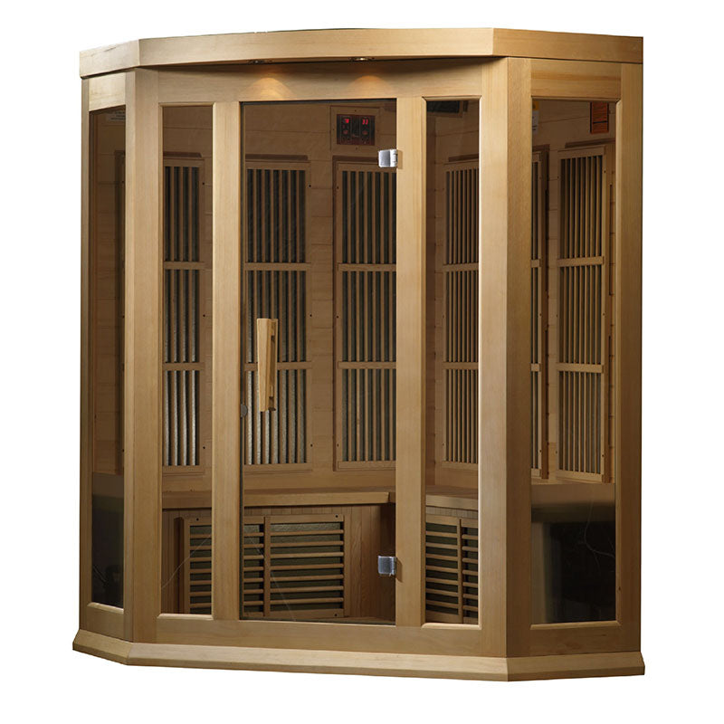 Maxxus MX-K356-01 Far Infrared Corner Sauna featuring a wooden structure with glass panels and a sleek design, ideal for home relaxation and wellness.
