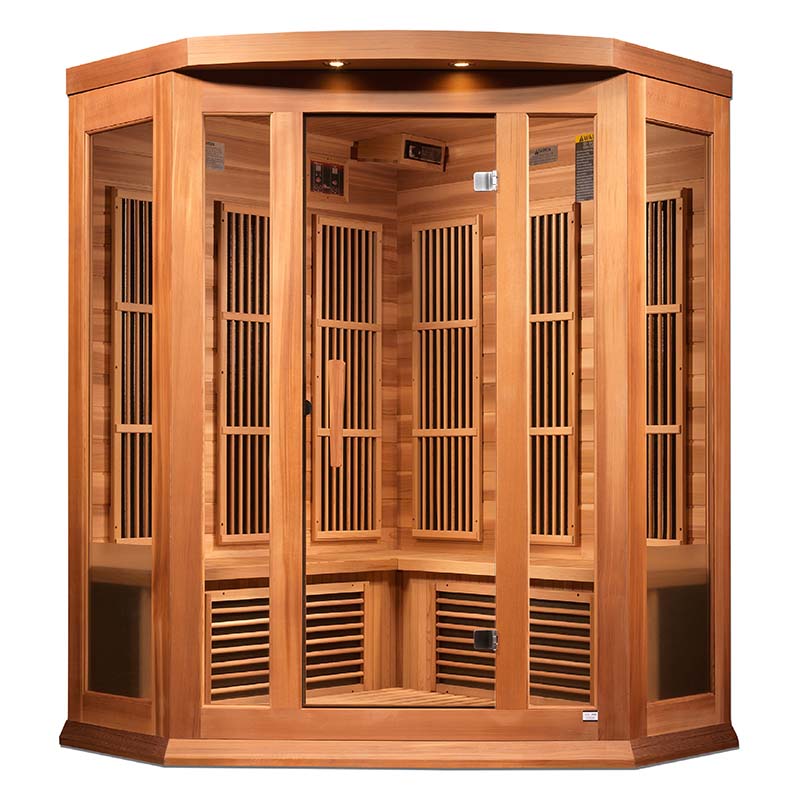 Maxxus MX-K356-01 Far Infrared Corner Sauna with wooden construction and glass panels, featuring multiple bench seating and interior lighting.
