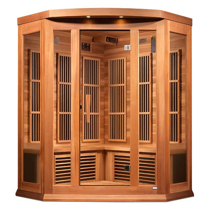 Maxxus MX-K356-01 Far Infrared Corner Sauna with wooden construction and glass panels, featuring multiple bench seating and interior lighting.