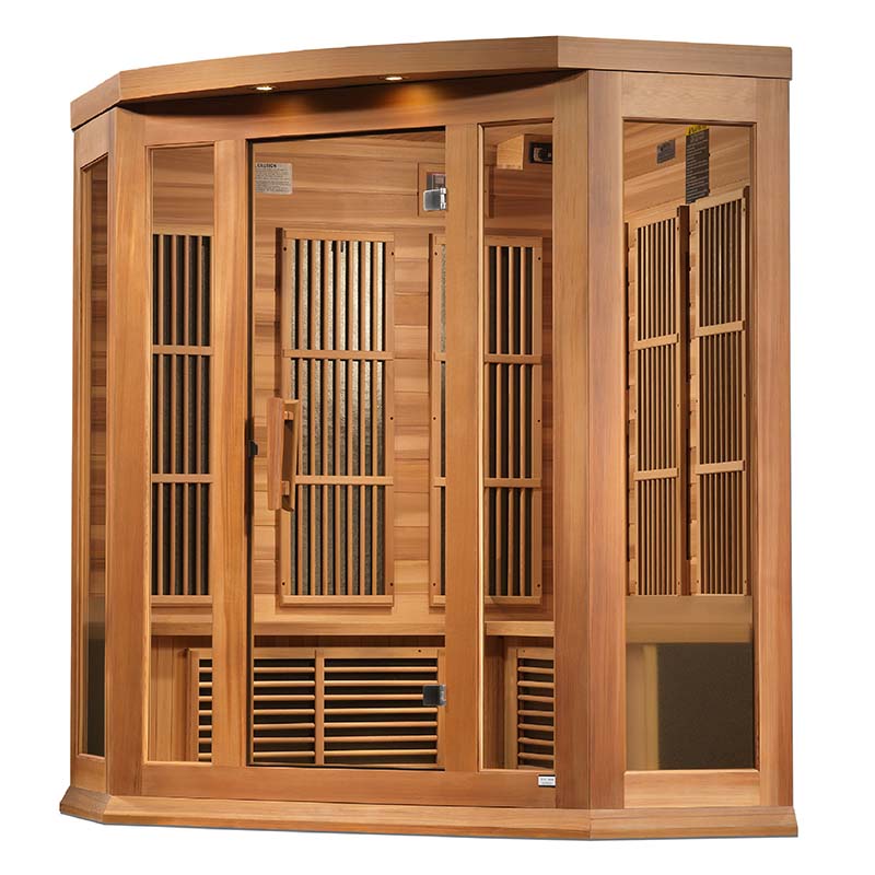 Maxxus MX-K356-01 Far Infrared Corner Sauna featuring a wooden structure with glass panels and slatted doors, designed for corner placement in a home or wellness space.