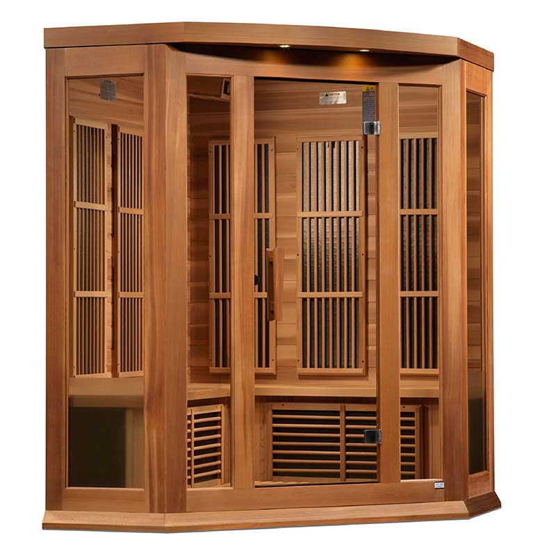 Maxxus MX-K356-01 Far Infrared Corner Sauna featuring a wooden exterior with glass panels and a spacious interior design.