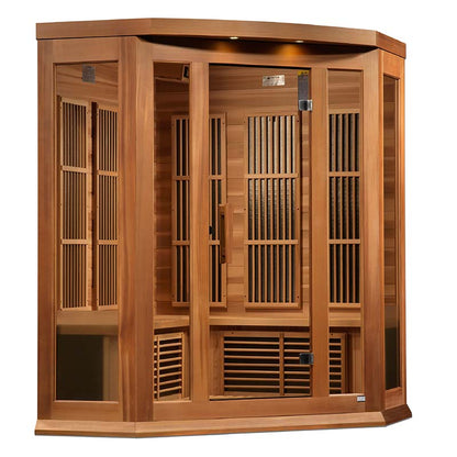 Maxxus MX-K356-01 Far Infrared Corner Sauna featuring a wooden exterior with glass panels and a spacious interior design.