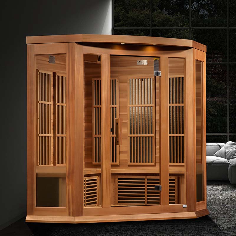 Maxxus MX-K356-01 Far Infrared Corner Sauna featuring a wooden design with glass panels, set in a modern interior space.