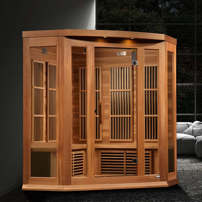 Maxxus MX-K356-01 Far Infrared Corner Sauna featuring a wooden design with glass panels, set in a modern interior space.