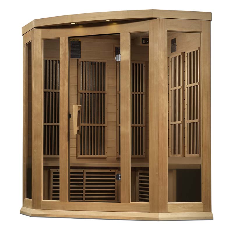 Maxxus MX-K356-01 Far Infrared Corner Sauna featuring a wooden structure with glass panels and a curved top design, designed for relaxation and wellness.