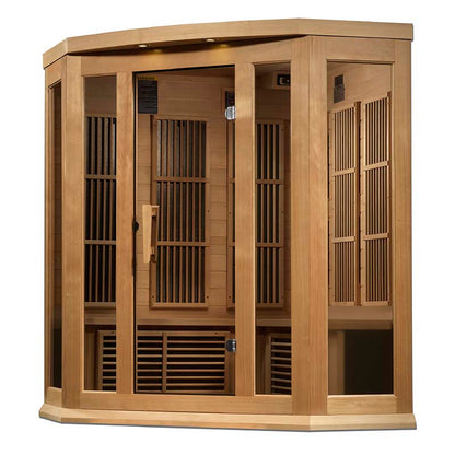 Maxxus MX-K356-01 Far Infrared Corner Sauna featuring a wooden structure with glass panels and a curved top design, designed for relaxation and wellness.