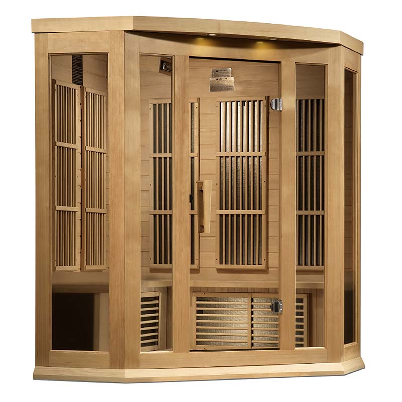 Maxxus MX-K356-01 Far Infrared Corner Sauna featuring a wooden structure with glass panels and a spacious interior design.