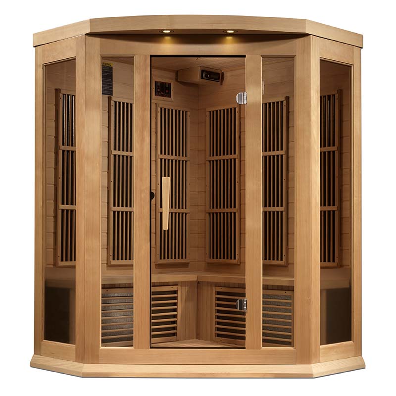 Maxxus MX-K356-01 Far Infrared Corner Sauna featuring a wooden design with glass doors and interior seating.