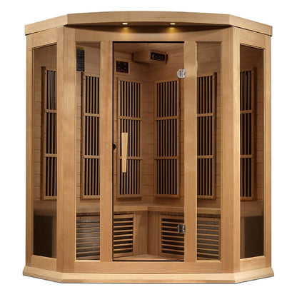 Maxxus MX-K356-01 Far Infrared Corner Sauna featuring a wooden design with glass doors and interior seating.