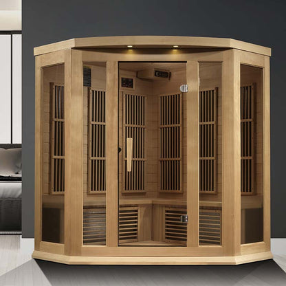Maxxus MX-K356-01 Far Infrared Corner Sauna featuring a wooden design with glass panels, located in a modern interior setting.