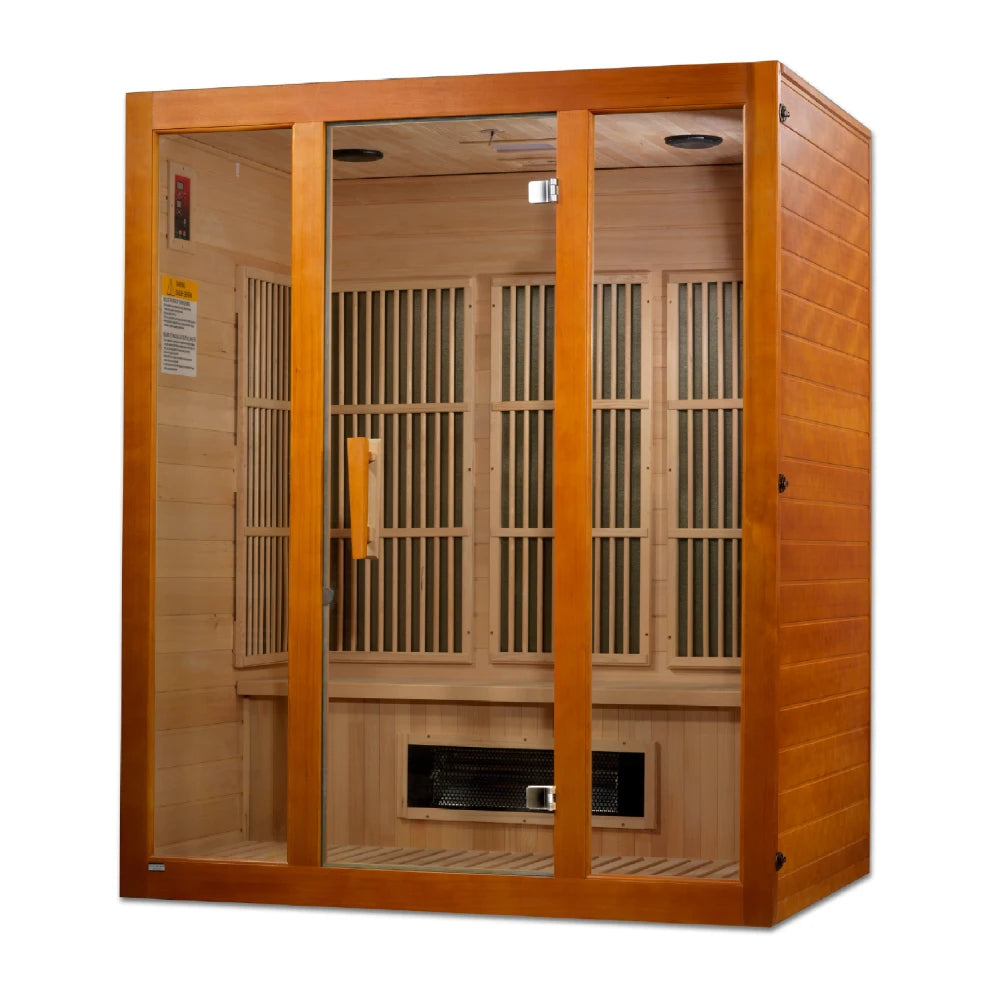 Maxxus Bellevue 3 Person Far Infrared Sauna featuring a wooden exterior with glass doors, interior wooden slats, and heating elements, designed for relaxation and wellness.