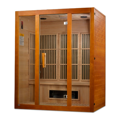 Maxxus Bellevue 3 Person Far Infrared Sauna featuring a wooden exterior with glass doors, interior wooden slats, and heating elements, designed for relaxation and wellness.