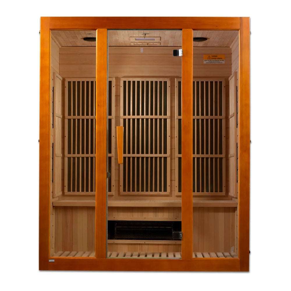 Maxxus Bellevue 3 Person Far Infrared Sauna featuring a wooden frame and glass doors, showcasing the interior with bench seating and heating panels.