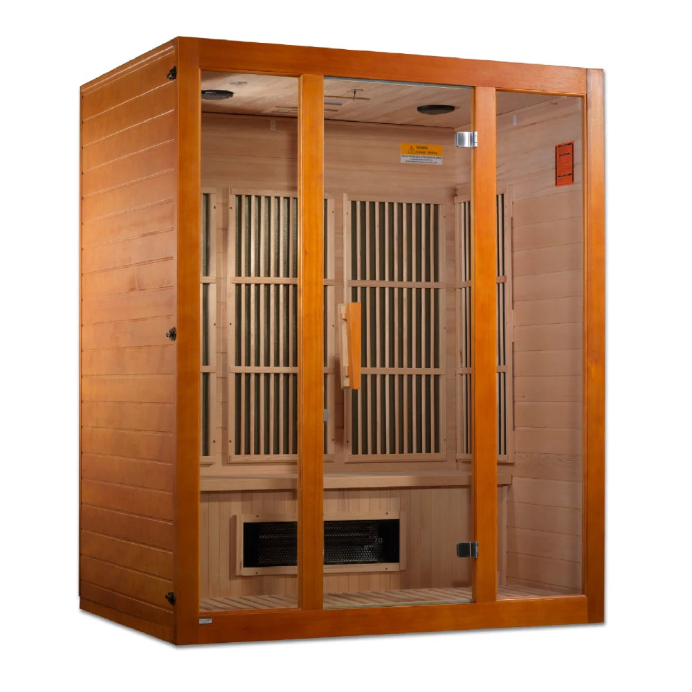 Maxxus Bellevue 3 Person Far Infrared Sauna featuring a wooden exterior and glass doors, designed for relaxation and wellness.