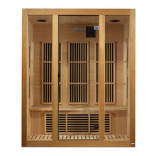 Maxxus Bellevue 3 Person Far Infrared Sauna featuring a wooden structure with glass doors and interior bench seating.