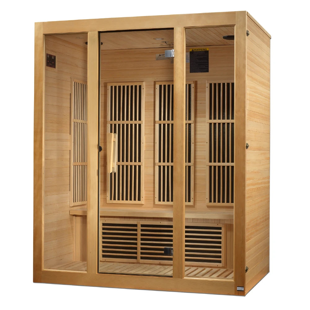 Maxxus Bellevue 3 Person Far Infrared Sauna featuring a wooden exterior and transparent glass doors, showcasing its interior design with slatted panels and seating.