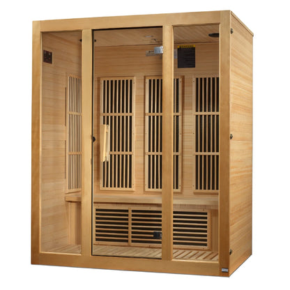 Maxxus Bellevue 3 Person Far Infrared Sauna featuring a wooden exterior and transparent glass doors, showcasing its interior design with slatted panels and seating.