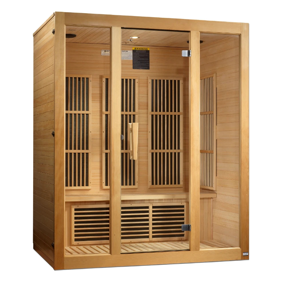Maxxus Bellevue 3 Person Far Infrared Sauna featuring a wooden exterior and glass doors, designed for relaxation and wellness.