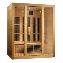 Maxxus Bellevue 3 Person Far Infrared Sauna featuring a wooden exterior and glass doors, designed for relaxation and wellness.